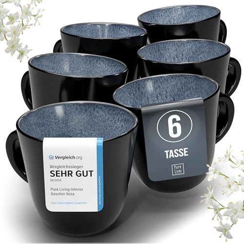 Steingut Kaffeetassen 6 Personen Ibiza TESTSIEGER, Hochwertiges Mediterranes Steingut Tassen Set, Stylisches Tee- und Kaffeebecher Set, Pure Living in Rauchblau von PURE LIVING INTERIOR DESIGN