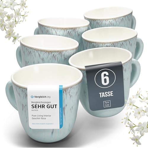 Steingut Kaffeetassen 6 Personen Ibiza TESTSIEGER, Hochwertiges Mediterranes Steingut Tassen Set, Stylisches Tee- und Kaffeebecher Set, Pure Living in Blau-Beige von PURE LIVING INTERIOR DESIGN