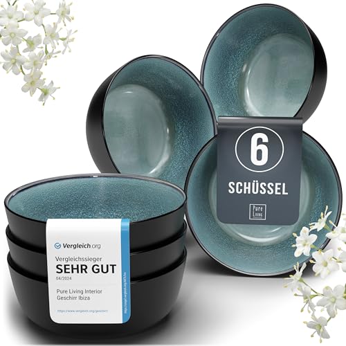 Steingut Müslischalen 6 Personen Ibiza TESTSIEGER, Hochwertiges Mediterranes Steingut Müsli Schüssel Set, Kleine Schüssel, Müslischale - Pure Living in Petrol von PURE LIVING INTERIOR DESIGN