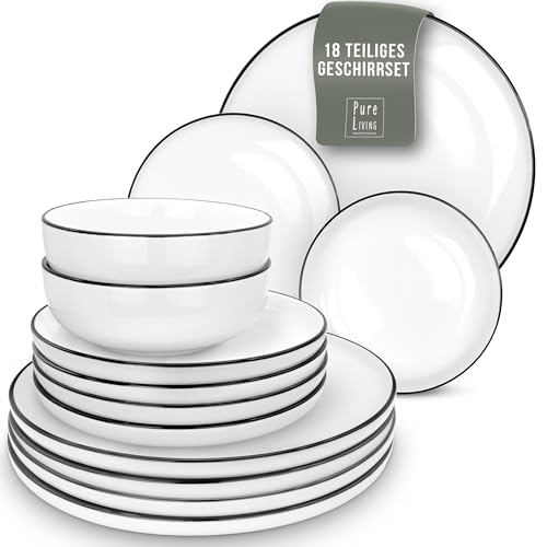 Geschirrset 6 Personen Scandi Style - Premium Porzellan weiß 18 Teile - Geschirr Set für Spülmaschine und Mikrowelle - Tafelservice, Schüssel- und Teller Set - Stilvolles Essgeschirr, Geschirr von PURE LIVING INTERIOR DESIGN