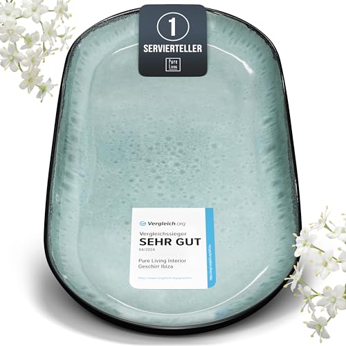 Servierplatte Steingut Ibiza - Hochwertige Mediterrane Servier Teller Groß - Spülmaschinen-, Mikrowellen- und Kratzfest - Serving Plate Oval, Servierteller Groß - Pure Living Geschirr in Salbeigrün von PURE LIVING INTERIOR DESIGN