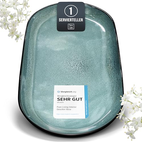 Steingut Servier Teller Groß Ibiza TESTSIEGER, Hochwertige Mediterrane Steingut Servierplatte, Serving Plate Oval, Servierteller Groß - Pure Living in Petrol von PURE LIVING INTERIOR DESIGN