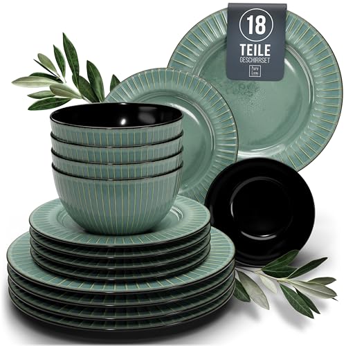Steingut Geschirrset 6 Pers. Tokyo 18-tlg Hochwertiges Asia-Style TEST SEHR GUT Steingut Geschirr Set - Schüssel- und Teller Set - Tafelservice 6 Personen Geschirrsets Pure Living in Grün von PURE LIVING INTERIOR DESIGN