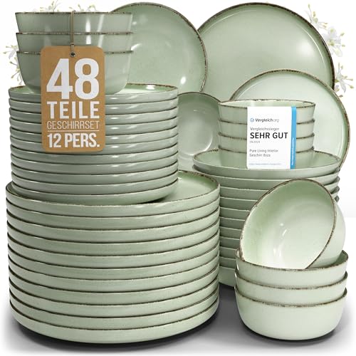 Steingut Geschirrset 12 Personen Rustic 48 tlg. TESTSIEGER, Hochwertiges Landhaussttil Steingut Geschirr Set, Schüssel- und Teller Set, Tafelservice 12 Personen, Geschirrsets Pure Living in Mintgrün von PURE LIVING INTERIOR DESIGN