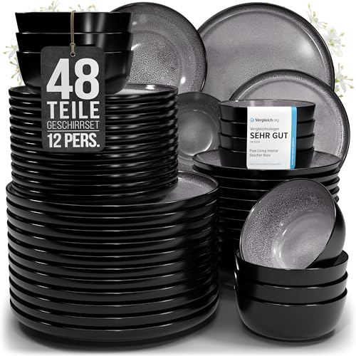 Steingut Geschirrset 12 Pers. Ibiza 48-tlg Hochwertiges Mediterranes TEST SEHR GUT Steingut Geschirr Set – Schüssel- und Teller Set – Tafelservice 12 Personen Geschirrsets Pure Living in Grau von PURE LIVING INTERIOR DESIGN
