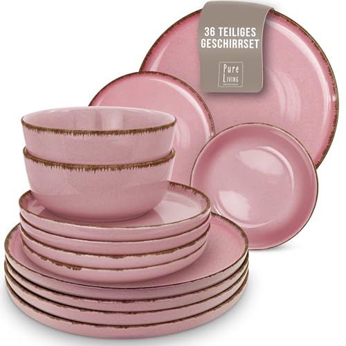 Steingut Geschirrset 12 Pers. Rustic 36-tlg Hochwertiges Landhausstil TEST SEHR GUT Steingut Geschirr Set - Schüssel- und Teller Set - Tafelservice 12 Personen Geschirrsets Pure Living in Rose von PURE LIVING INTERIOR DESIGN