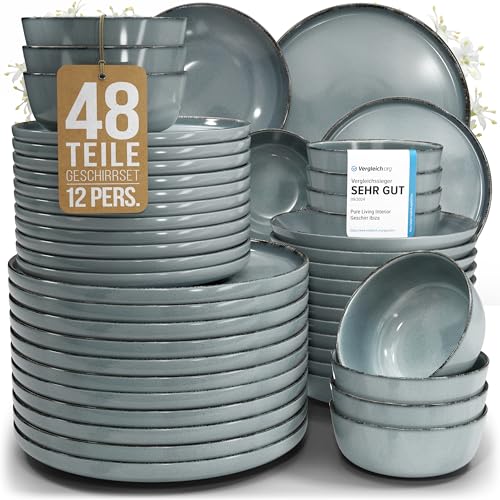 Steingut Geschirrset 12 Personen Rustic 48 tlg. TESTSIEGER, Hochwertiges Landhaussttil Steingut Geschirr Set, Schüssel- und Teller Set, Tafelservice 12 Personen, Geschirrsets Pure Living in Rauchblau Steingut Geschirrset 12 Personen Rustic 48 tlg. TESTSIEGER, Hochwertiges Landhaussttil Steingut Geschirr Set, Schüssel- und Teller Set, Tafelservice 12 Personen, Geschirrsets Pure Living in Rauchblau von PURE LIVING INTERIOR DESIGN