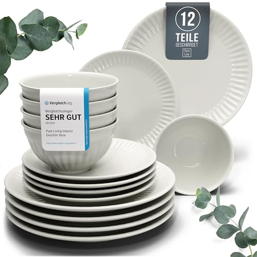 Steingut Geschirrset 4 Personen Hygge 12 tlg. TESTSIEGER, Traumhaftes Skandinavisches Steingut Geschirr Set, Schüssel- und Teller Set, Tafelservice 4 Personen, Geschirrsets Pure Living in Beige von PURE LIVING INTERIOR DESIGN