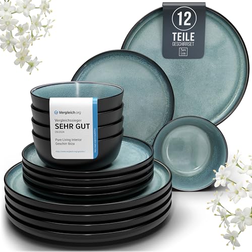 Steingut Geschirrset 4 Personen Ibiza 12 tlg. TESTSIEGER, Hochwertiges Mediterranes Steingut Geschirr Set, Schüssel- und Teller Set, Tafelservice 4 Personen, Geschirrsets Pure Living in Petrol von PURE LIVING INTERIOR DESIGN