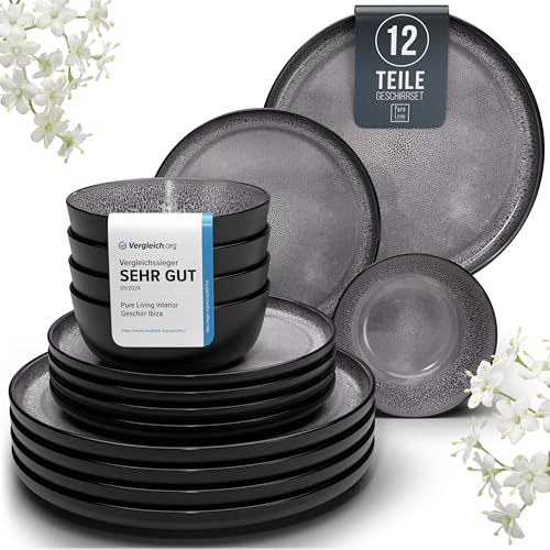 Steingut Geschirrset 4 Personen Ibiza 12-tlg. - Mediterranes Geschirr Set, Spülmaschinen-, Mikrowellen- und Kratzfest - Schüssel- und Teller Set - Essgeschirr Pure Living Schwarz in Grau von PURE LIVING INTERIOR DESIGN