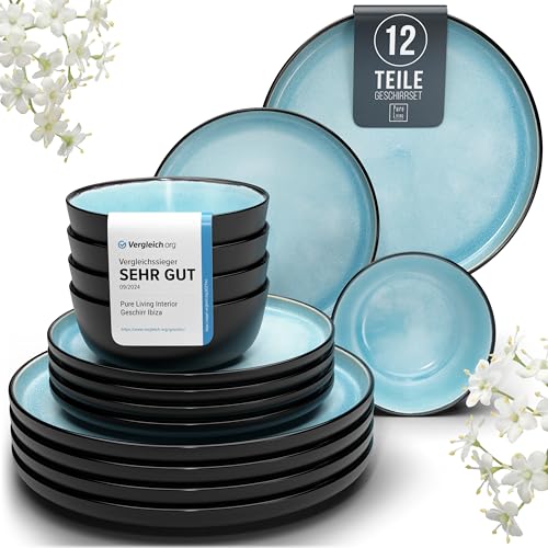 Steingut Geschirrset 4 Personen Ibiza 12 tlg. TESTSIEGER, Traumhaftes Mediterranes Steingut Geschirr Set, Schüssel- und Teller Set, Tafelservice 4 Personen, Geschirrsets Pure Living in Aquamarin von PURE LIVING INTERIOR DESIGN