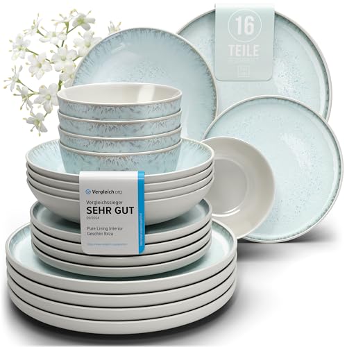 Steingut Geschirrset 4 Personen Ibiza 16 tlg. TESTSIEGER, Traumhaftes Mediterranes Steingut Geschirr Set, Schüssel- und Teller Set, Tafelservice 4 Personen, Geschirrsets Pure Living in Blau-Beige von PURE LIVING INTERIOR DESIGN