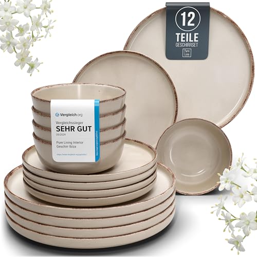 Steingut Geschirrset 4 Personen Rustic 12-tlg. - Rustikales Design Geschirr Set, Spülmaschinenfest - Schüssel- und Teller Set - Pure Living Essgeschirr in Beige von PURE LIVING INTERIOR DESIGN