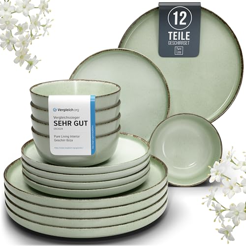 Steingut Geschirrset 4 Personen Rustic 12-tlg. - Rustikales Design Geschirr Set, Spülmaschinenfest - Schüssel- und Teller Set - Pure Living Essgeschirr in Mintgrün von PURE LIVING INTERIOR DESIGN