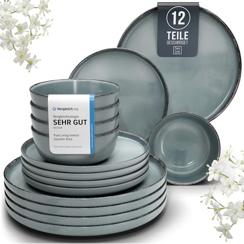 Steingut Geschirrset 4 Personen Rustic 12-tlg. - Rustikales Design Geschirr Set, Spülmaschinenfest - Schüssel- und Teller Set - Pure Living Essgeschirr in Rauchblau von PURE LIVING INTERIOR DESIGN