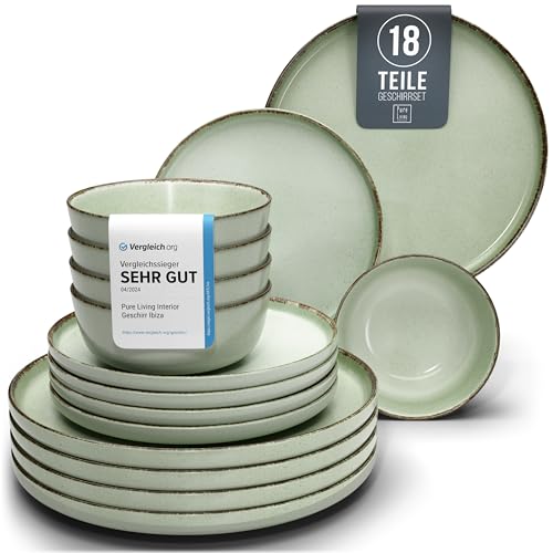 Steingut Geschirrset 6 Personen Rustic 18 tlg. TESTSIEGER, Hochwertiges Landhaussttil Steingut Geschirr Set, Schüssel- und Teller Set, Tafelservice 6 Personen, Geschirrsets Pure Living in Mintgrün von PURE LIVING INTERIOR DESIGN
