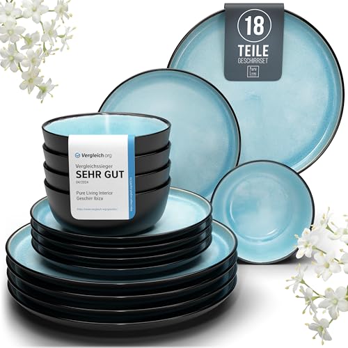 Steingut Geschirrset 6 Personen Ibiza 18 tlg. TESTSIEGER, Traumhaftes Mediterranes Steingut Geschirr Set, Schüssel- und Teller Set, Tafelservice 6 Personen, Geschirrsets Pure Living in Aquamarin von PURE LIVING INTERIOR DESIGN