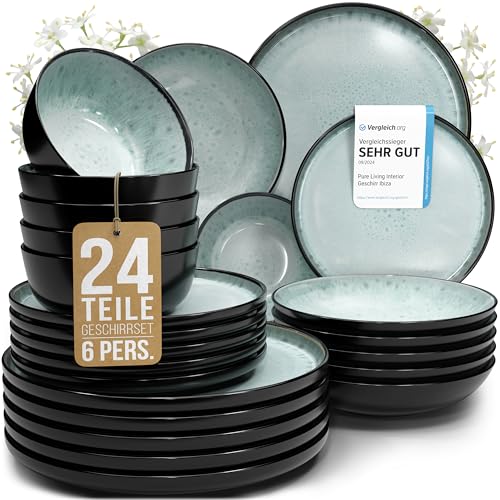Steingut Geschirrset 6 Personen Ibiza 24 tlg. TESTSIEGER, Traumhaftes Mediterranes Steingut Geschirr Set, Schüssel- und Teller Set, Tafelservice 6 Personen, Geschirrsets Pure Living in Salbeigrün von PURE LIVING INTERIOR DESIGN