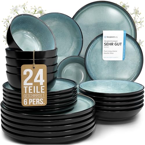 Steingut Geschirrset 6 Personen Ibiza 24-tlg - Hochwertiges Mediterranes Steingut Geschirr Set - Schüssel- und Teller Set - Tafelservice 6 Personen - Service & Geschirrsets Pure Living Schwarz Petrol von PURE LIVING INTERIOR DESIGN