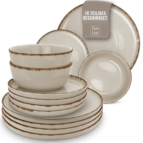 Steingut Geschirrset 6 Personen Rustic 18-tlg. - Rustikales Design Geschirr Set, Spülmaschinenfest - Schüssel- und Teller Set - Pure Living Essgeschirr in Beige von PURE LIVING INTERIOR DESIGN