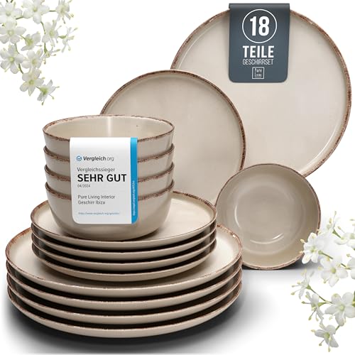 Steingut Geschirrset 6 Pers. Rustic 18-tlg Hochwertiges Landhausstil TEST SEHR GUT Steingut Geschirr Set - Schüssel- und Teller Set - Tafelservice 6 Personen Geschirrsets Pure Living in beige von PURE LIVING INTERIOR DESIGN
