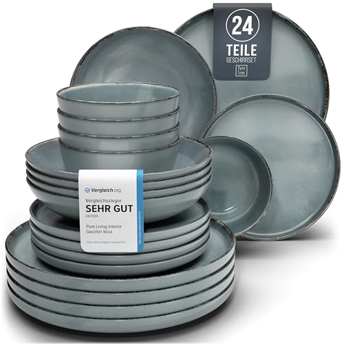 Steingut Geschirrset 6 Pers. Rustic 24-tlg Hochwertiges Landhausstil TEST SEHR GUT Steingut Geschirr Set - Schüssel- und Teller Set - Tafelservice 6 Personen Geschirrsets Pure Living in Rauchblau von PURE LIVING INTERIOR DESIGN