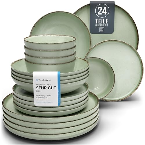 Steingut Geschirrset 6 Pers. Rustic 24-tlg Hochwertiges Landhausstil TEST SEHR GUT Steingut Geschirr Set - Schüssel- und Teller Set - Tafelservice 6 Personen Geschirrsets Pure Living in Mintgrün von PURE LIVING INTERIOR DESIGN