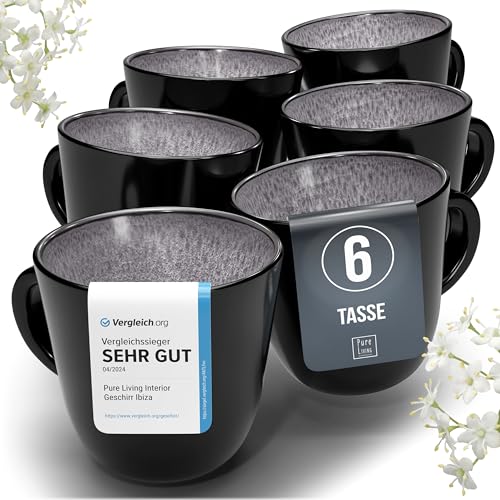 Steingut Kaffeetassen 6 Pers. Ibiza Hochwertiges Mediterranes TEST SEHR GUT Steingut Tassen Set, Spülmaschinen-, Mikrowellen- und Kratzfest – Stylisches Tee- und Kaffeebecher Set – Pure Living in Grau von PURE LIVING INTERIOR DESIGN