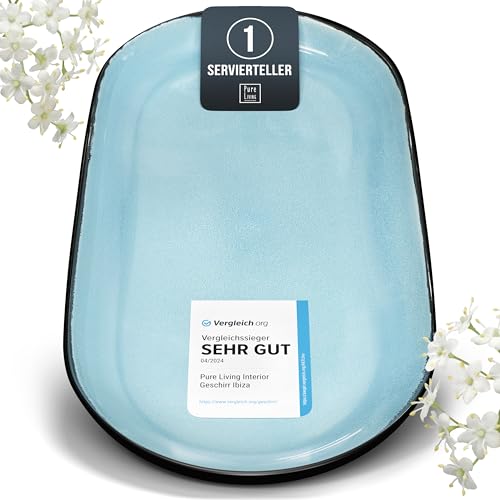 Steingut Servier Teller Groß Ibiza TESTSIEGER, Hochwertige Mediterrane Steingut Servierplatte, Serving Plate Oval, Servierteller Groß - Pure Living in Aquamarin von PURE LIVING INTERIOR DESIGN