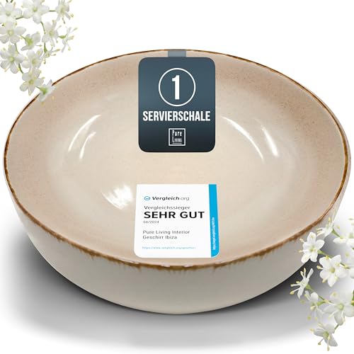 ﻿Steingut Servierschüssel Rustic TESTSIEGER, Hochwertige Landhausstil Salatschüssel, Servierschale - Bowl Schüssel Groß, Salatschale - Pure Living in Beige von PURE LIVING INTERIOR DESIGN