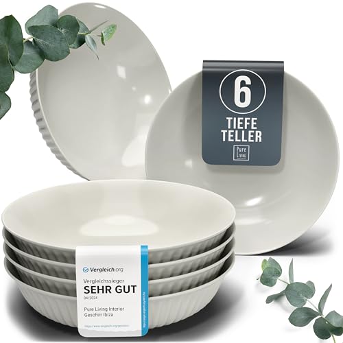 Steingut Suppenteller 6 Personen Hygge TESTSIEGER, Traumhaftes Skandinavisches Steingut Tiefe Teller Set, Pasta Teller Tief Groß - Pure Living in Beige von PURE LIVING INTERIOR DESIGN