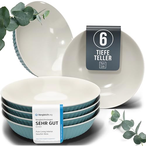 Steingut Suppenteller 6 Personen Hygge TESTSIEGER, Traumhaftes Skandinavisches Steingut Tiefe Teller Set, Pasta Teller Tief Groß - Pure Living in Petrol von PURE LIVING INTERIOR DESIGN