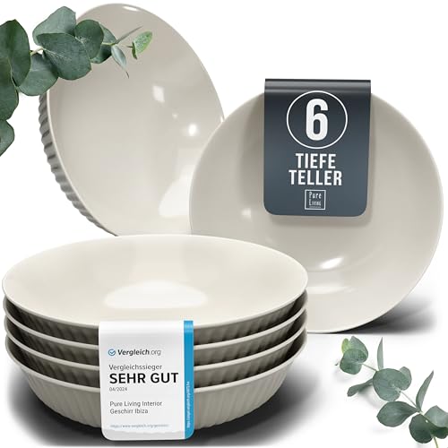 Steingut Suppenteller 6 Personen Hygge TESTSIEGER, Traumhaftes Skandinavisches Steingut Tiefe Teller Set, Pasta Teller Tief Groß - Pure Living in Hellbraun von PURE LIVING INTERIOR DESIGN