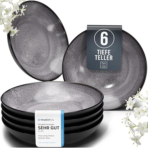 Steingut Suppenteller 6 Personen Ibiza TESTSIEGER, Traumhaftes Mediterranes Steingut Tiefe Teller Set, Pasta Teller Tief Groß - Pure Living in Grau von PURE LIVING INTERIOR DESIGN