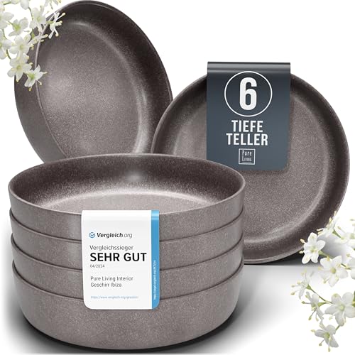 Steingut Suppenteller 6 Pers. Hochwertiges Urban Style TEST SEHR GUT Tiefe Teller Set- Kratzfest, Für Spülmaschine, Mikrowelle - Pasta Teller Tief Groß - Pure Living Geschirr in matt Grau-braun von PURE LIVING INTERIOR DESIGN