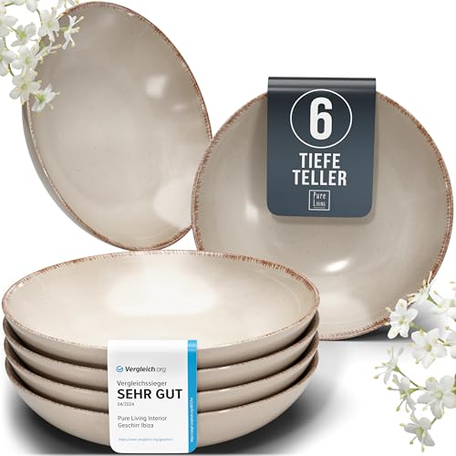Steingut Suppenteller 6 Pers. Rustic Hochwertiges Landhausstil TEST SEHR GUT Tiefe Teller Set - Kratzfest, Für Spülmaschine, Mikrowelle - Pasta Teller Tief Groß - Pure Living Geschirr in Beige von PURE LIVING INTERIOR DESIGN