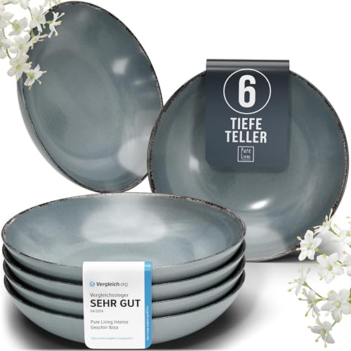 Steingut Suppenteller 6 Pers. Rustic Hochwertiges Landhausstil TEST SEHR GUT Tiefe Teller Set - Kratzfest, Für Spülmaschine, Mikrowelle - Pasta Teller Tief Groß - Pure Living Geschirr in Rauchblau von PURE LIVING INTERIOR DESIGN