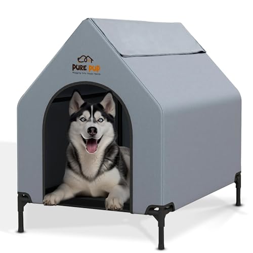 Extra große Outdoor Hundehütte mit Dachüberdachung Hochbett mit Netzfenstern - Wetterfester Hundeunterstand für mittelgroße Rassen - Ideale Hundehütte Outdoor von PURE PUP