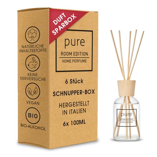 PURE ROOM EDITION Schnupper-Box mit 6 Raumdüften: natürliche Inhaltsstoffe, vegan & tierversuchsfrei, Bio-Alkohol, Diffuser mit Stäbchen hergestellt in Italien, 1 Karton (6x100ml - 600ml) von PURE ROOM EDITION