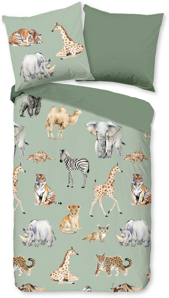 PURE luxury collection Kinderbettwäsche Safari, Microfaser, 2 teilig, Mikrofaser, 135x200, Pflegeleicht, Wendeoptik, Kind, Tier, Tiere, Grün von PURE luxury collection