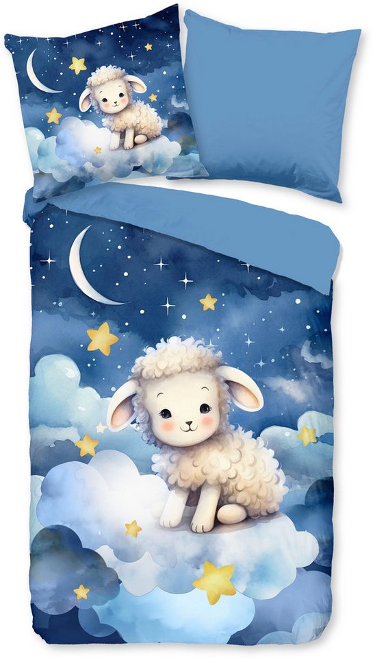 PURE luxury collection Kinderbettwäsche Sheepy, Microfaser, 2 teilig, Mikrofaser, 135x200, 2 Teilig, Wendeoptik, Kind, Schaf, Weltall von PURE luxury collection