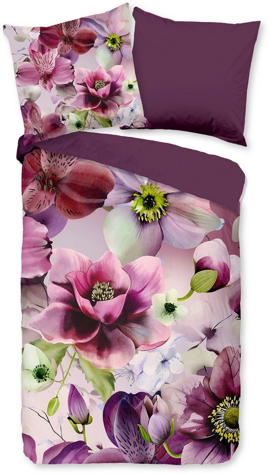 PURE luxury collection Wendebettwäsche Chimai, Microfaser, 2 teilig, Mikrofaser, Pflegeleicht, Reißverschluss, Wendeoptik, Blume, Bordeaux von PURE luxury collection