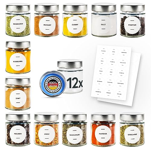 PUREGANIC® Gewürzgläser Set 12x 150 ml kleine Schraubgläser mit Deckel & Etiketten selbstklebend/Gewürze Aufbewahrung, Gewürzglas, Aufbewahrungsgläser/Ø 58 mm Deckel von PUREGANIC
