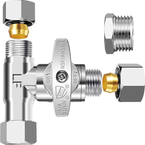 T-Stop-Ventil – bleifreies Add-A-Tee-Ventil 3/8x3/8x3/8 Zoll oder 1/2 Zoll, 1/4 Drehung Messing T-Stück mit integrierter Dichtdichtung für Bidet-Sprühgerät, Glas Einsatz, Geschirrspüler WC-Tank. von PURENAT