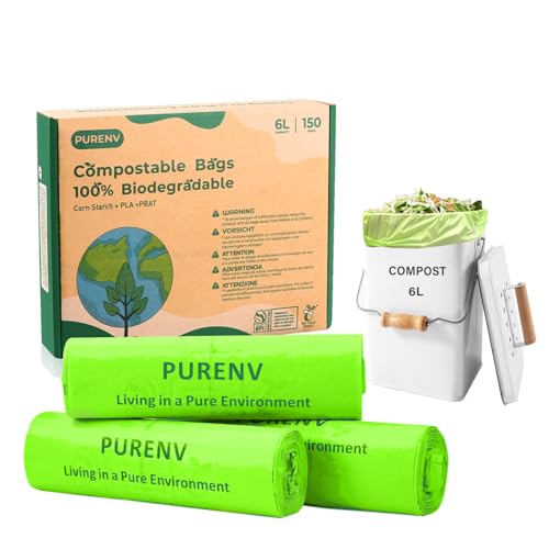 PURENV 6 Liter x 150 Biomüllbeutel, Kompostierbare Bio Müllbeutel für Biotonne, Kompostierbar und Biologisch Abbaubar, mit EN13432 Zertifizierung, Robuste Auslaufsichere, aus Maisstärke Hergestellte von PURENV