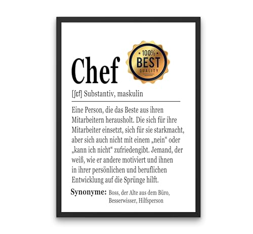 PURESIZE Chef Geburtstag Poster A4 mit Rahmen (schwarz), Geburtstagsgeschenk, Büro Deko lustig, Geschenke zur Beförderung, bester Chef der Welt von PURESIZE