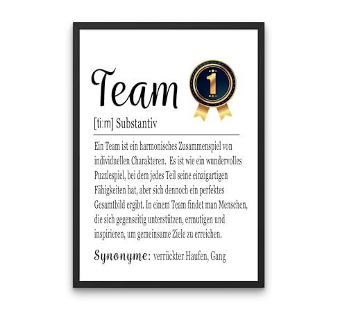 PURESIZE Kollegen Geschenk Kleinigkeit, Team No.1 Bild Din A4 mit schwarzem Rahmen, Freunde, Kolleginnen, Beste Mitarbeiter von PURESIZE