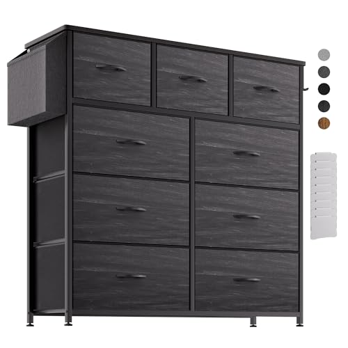 PURFINO Kommode mit Stoffschubladen - Stoffkommode aus Canvas mit 9 großen Schubladen, Etikettenkarten, Seitentasche & Haken für Wohnzimmer, Flur, Schlafzimmer von PURFINO