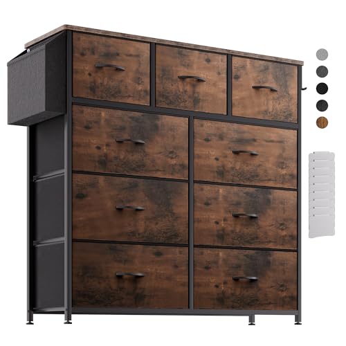 PURFINO Kommode mit Stoffschubladen - Stoffkommode aus Canvas mit 9 großen Schubladen, Etikettenkarten, Seitentasche & Haken für Wohnzimmer, Flur, Schlafzimmer von PURFINO
