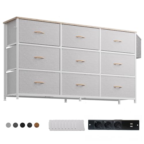 PURFINO Kommode mit Stoffschubladen - Großer TV-Ständer für 43-60 Zoll Fernseher mit 9 Schubladen, Etikettenkarten, Seitentasche & Haken, Geruchsfreie Stoffkommode für Wohnzimmer, Flur, Schlafzimmer PURFINO Kommode mit Stoffschubladen - Großer TV-Ständer für 43-60 Zoll Fernseher mit 9 Schubladen, Etikettenkarten, Seitentasche & Haken, Geruchsfreie Stoffkommode für Wohnzimmer, Flur, Schlafzimmer von PURFINO